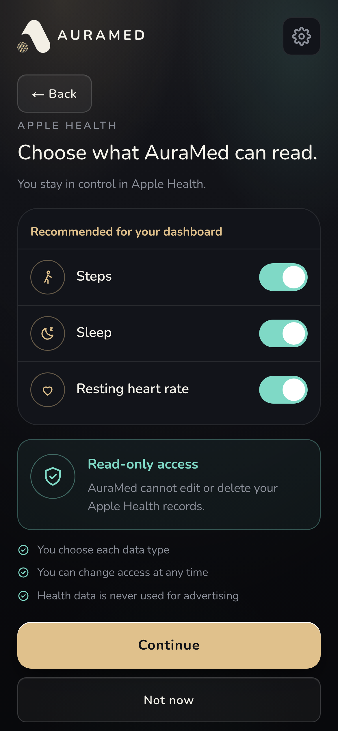 AuraMed Apple Health connection screen explaining what can be shared.